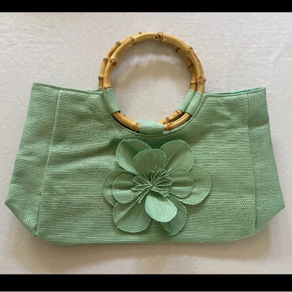 Neiman Marcus woven beach tote straw bag wooden handle flower detail green HTF